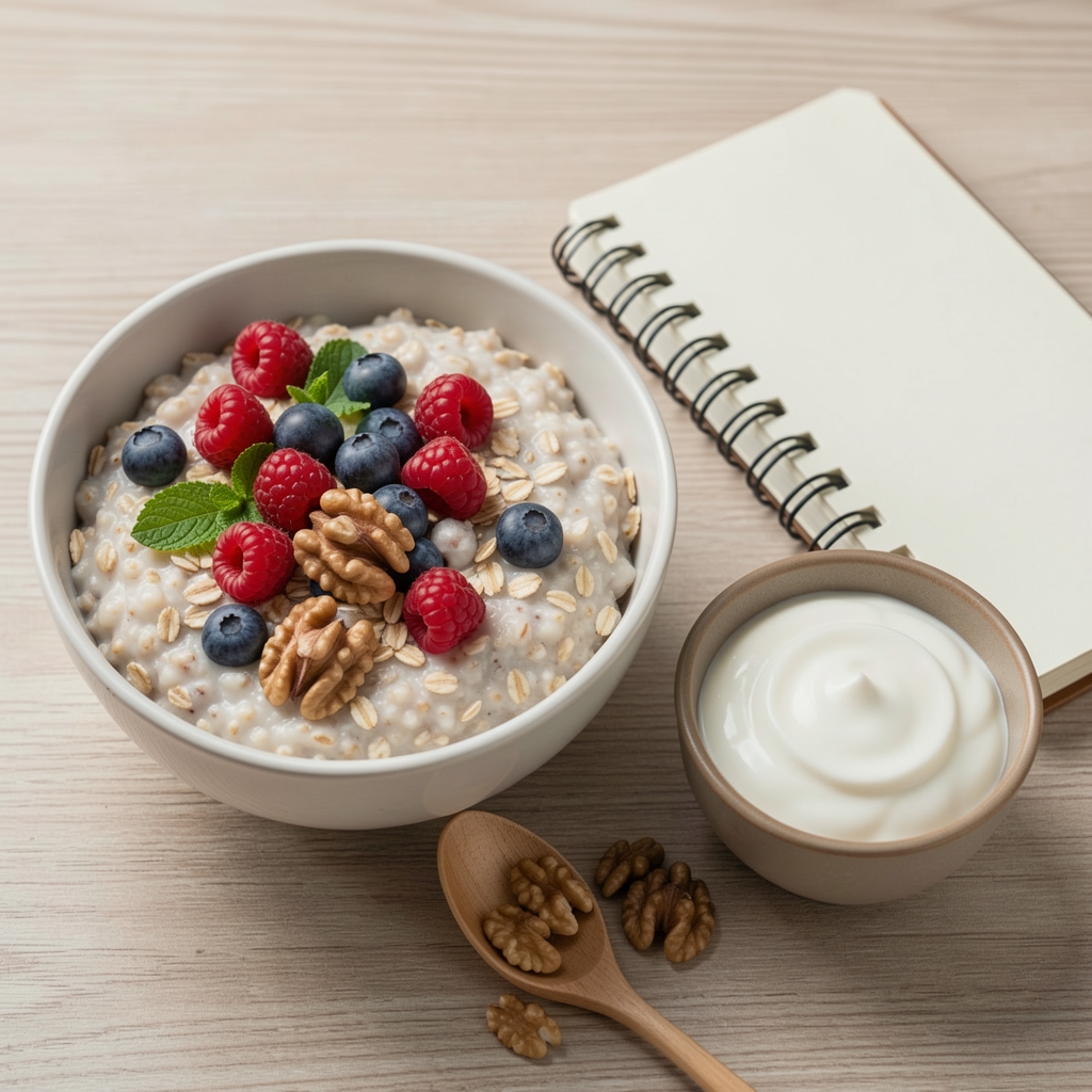 Oat porridge with berries, walnuts and plain yoghurt beside a morning glucose notebook