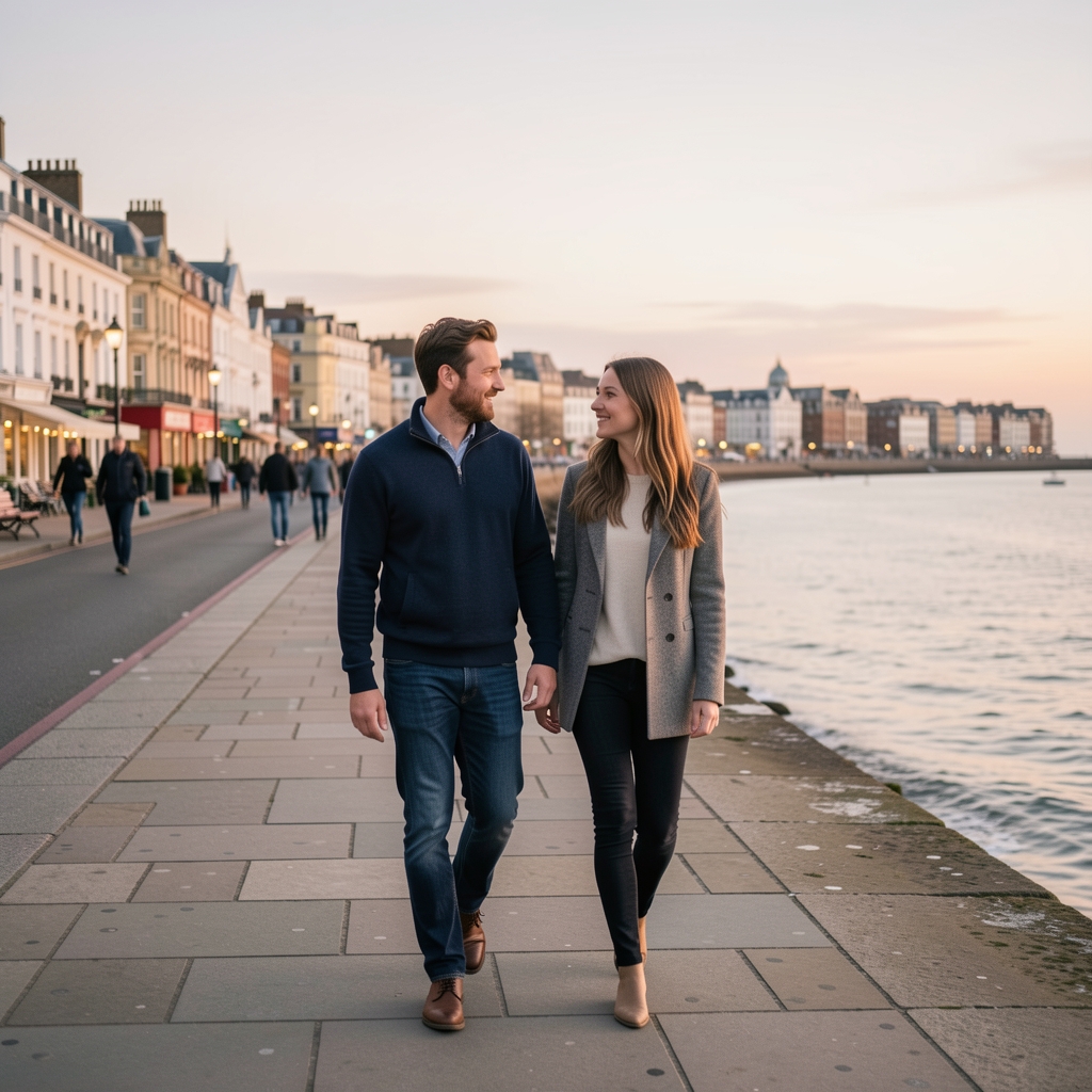 Couple walking along the Brighton seafront at dusk, talking calmly beside the water