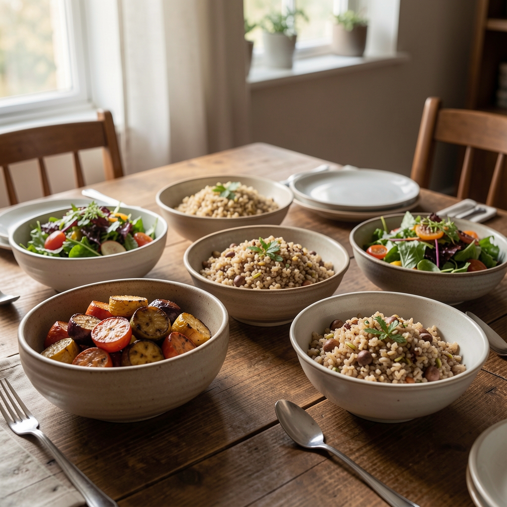 Shared evening table with roasted vegetables, grains and salad served in understated ceramic bowls