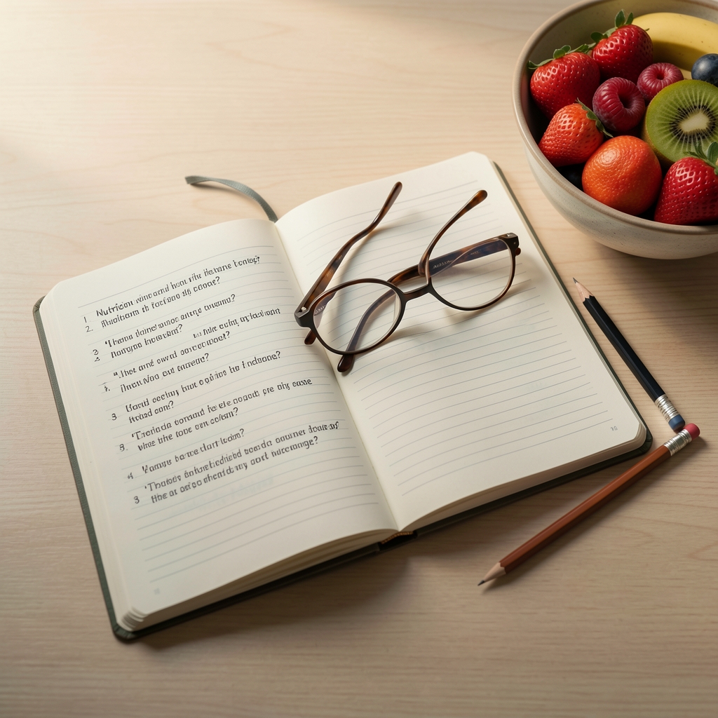 Open notebook with nutrition questions, reading glasses and a pencil beside a bowl of fruit