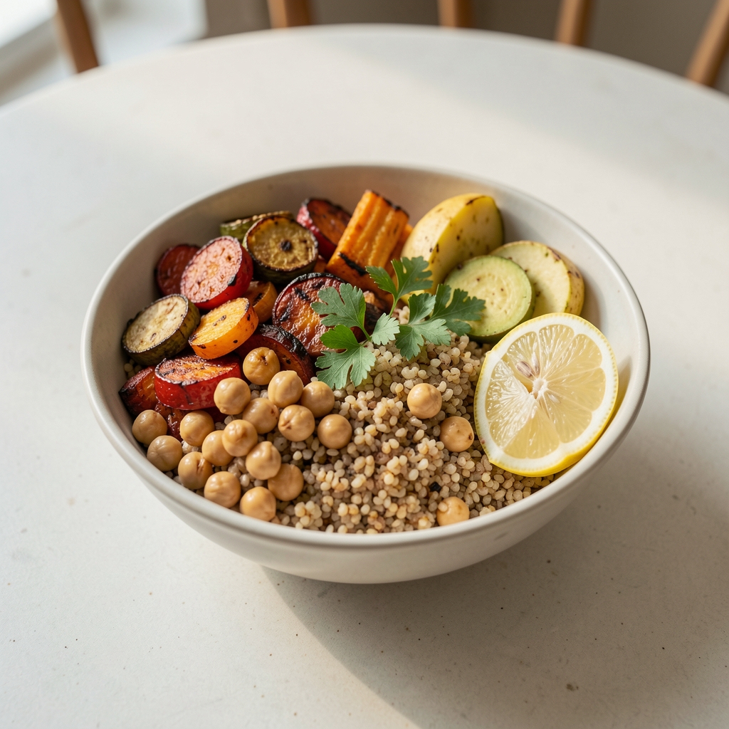 Colourful grain bowl with roasted vegetables, chickpeas, herbs and lemon on a pale ceramic table