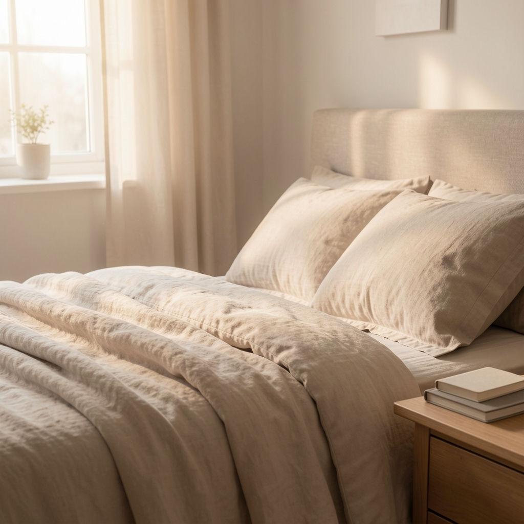 Calm bedroom with soft morning light, folded linen and a small notebook on a bedside table