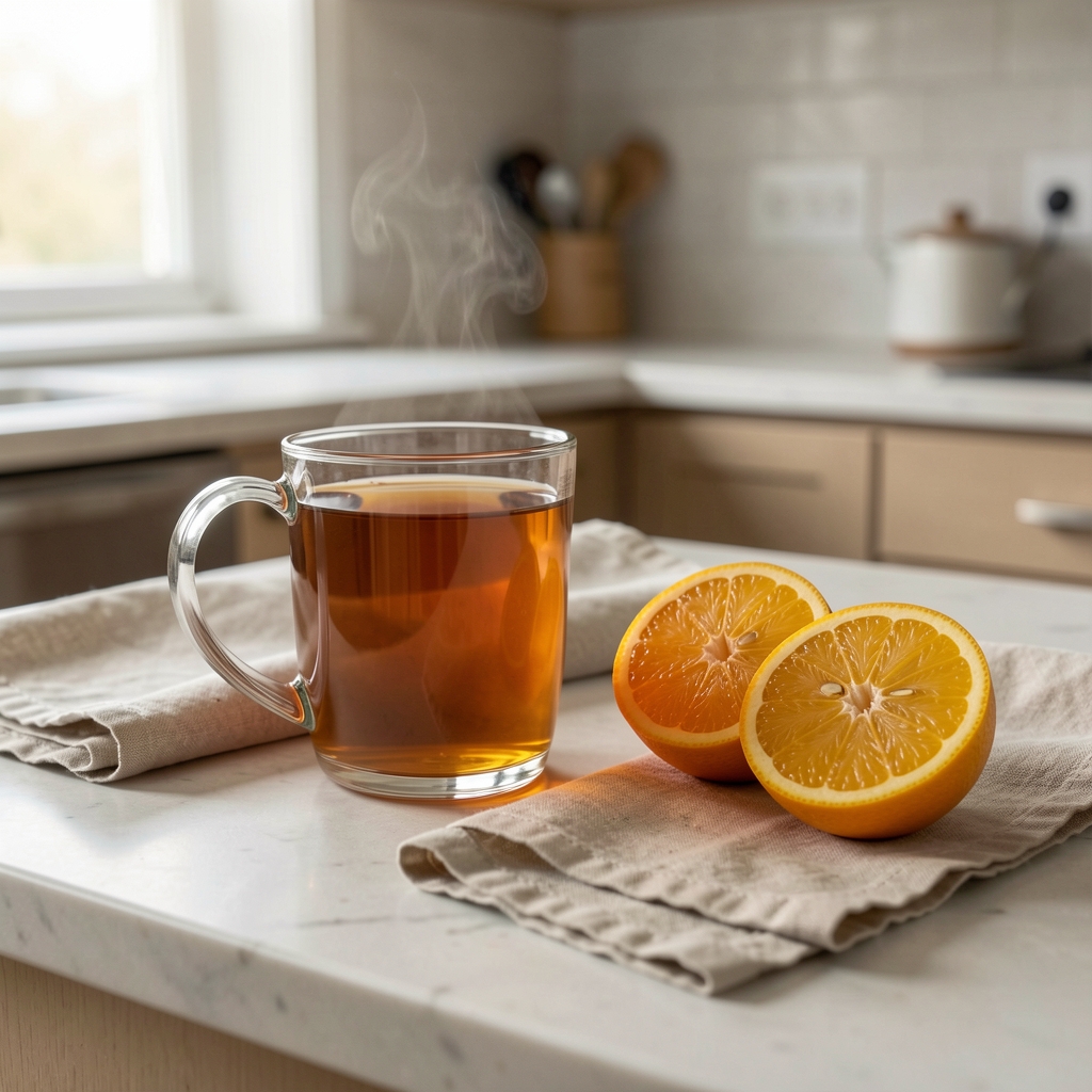 Warm herbal tea beside sliced citrus and a linen napkin on a calm kitchen counter