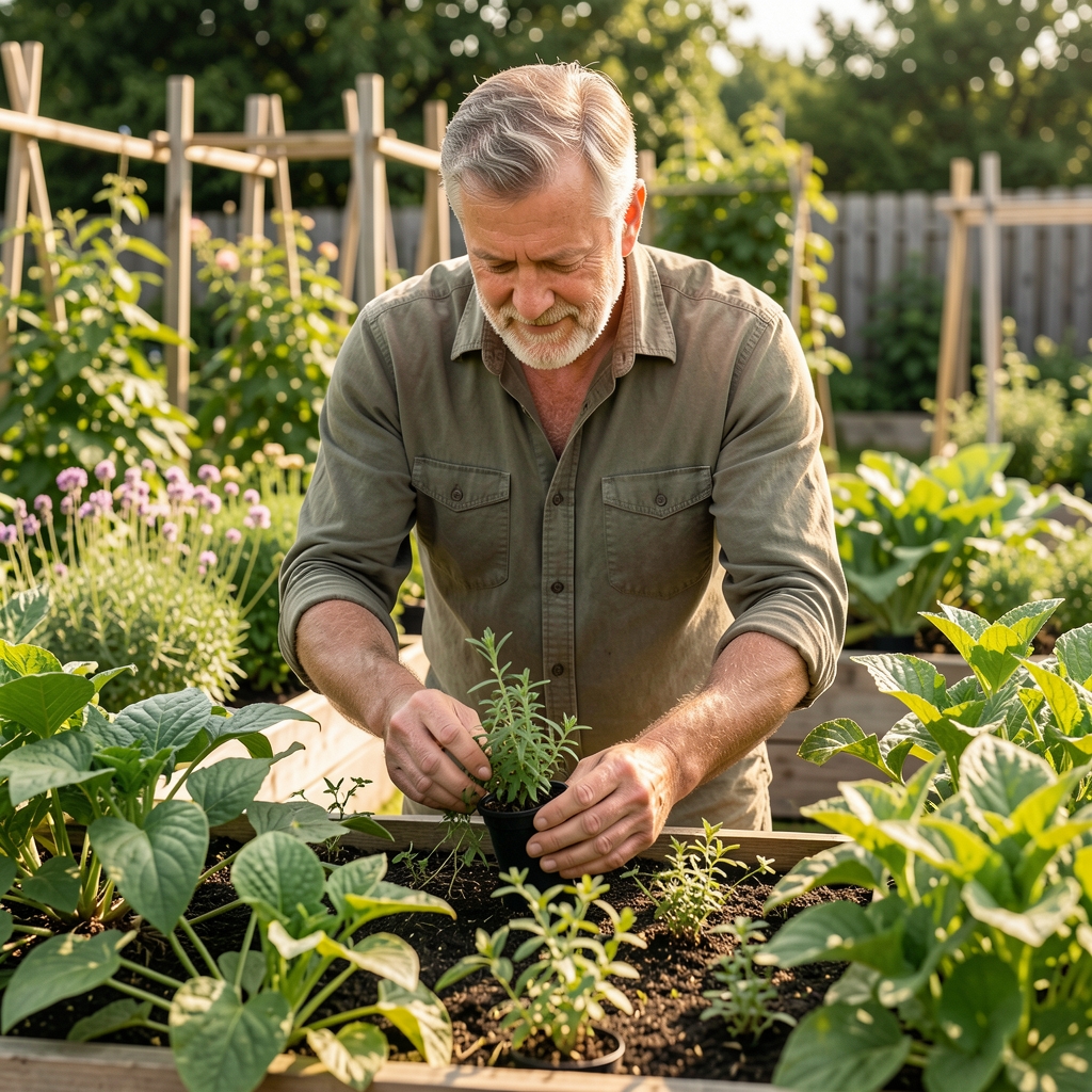 Mature man tending herbs in a sunny community garden with leafy plants around him