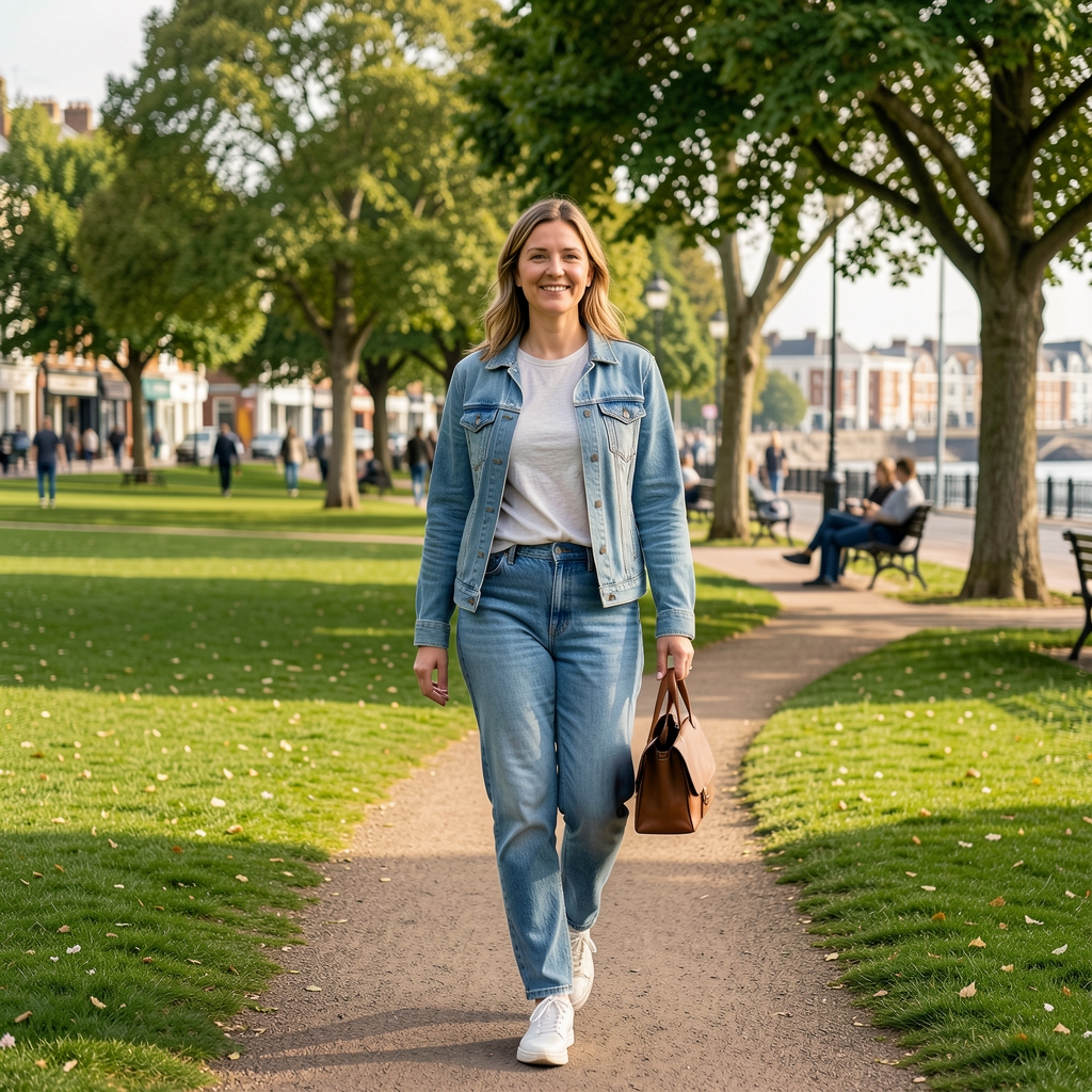 Woman walking comfortably through a green park in Brighton wearing everyday clothes